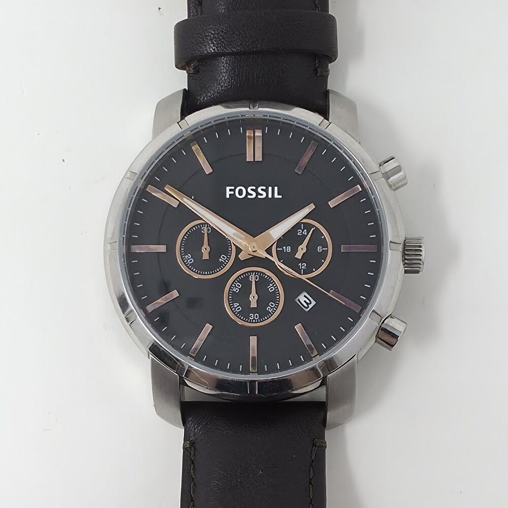 Fossil BQ1525 Men's Quartz Chronograph Watch Black Dial Leather Date New Battery
